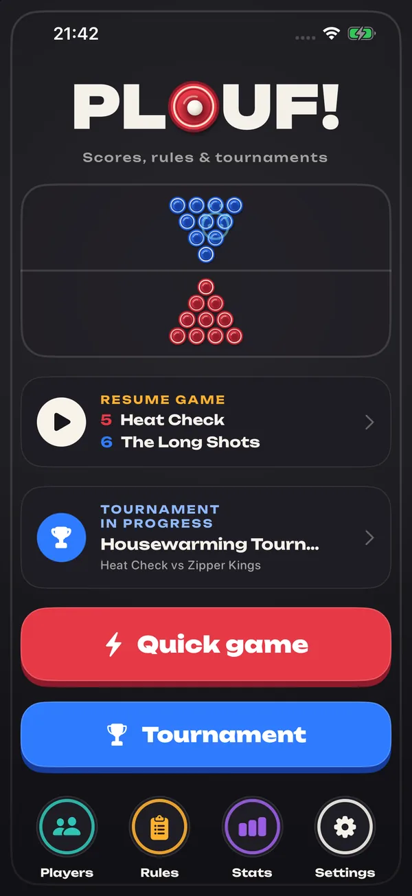 Plouf! home screen: the logo, a game to resume, a tournament in progress and the big Quick game and Tournament buttons.