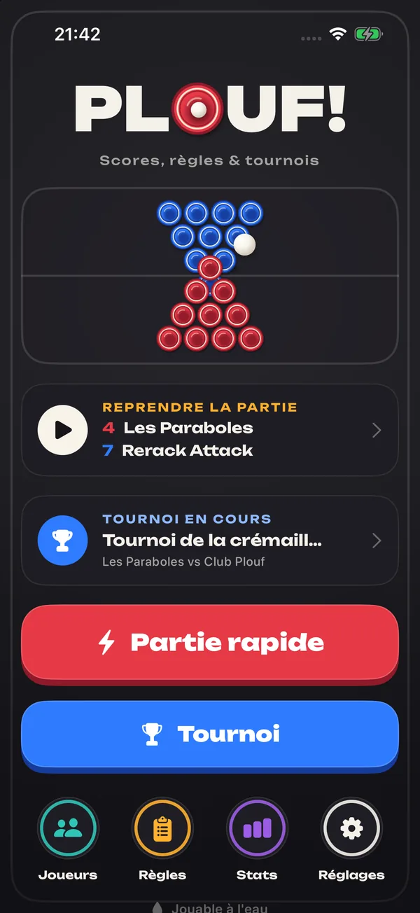 Écran d'accueil de Plouf! : le logo, une partie à reprendre, un tournoi en cours et les gros boutons Partie rapide et Tournoi.