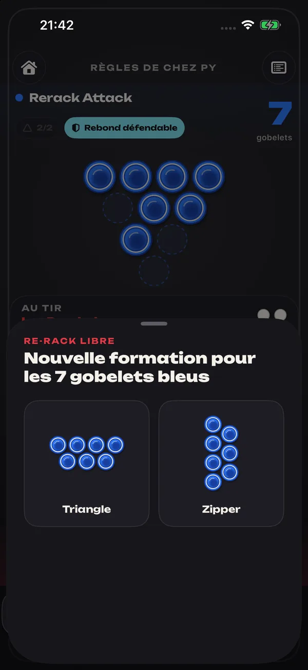 Feuille de re-rack : les formations proposées pour les 7 gobelets bleus, triangle et zipper.