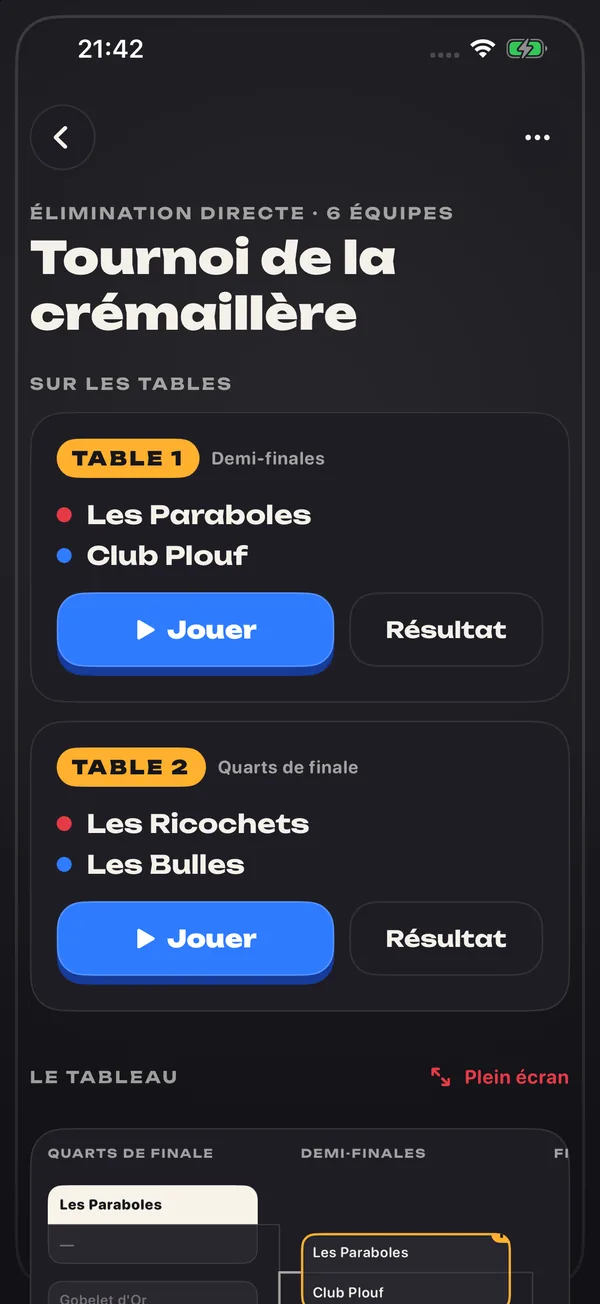 Écran de tournoi : les matchs en cours sur la table 1 et la table 2, avec les boutons Jouer et Résultat.